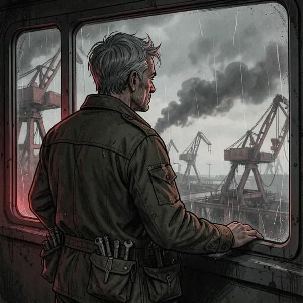 A weary man stands at a reinforced window, looking out at a dark, ruined wasteland.