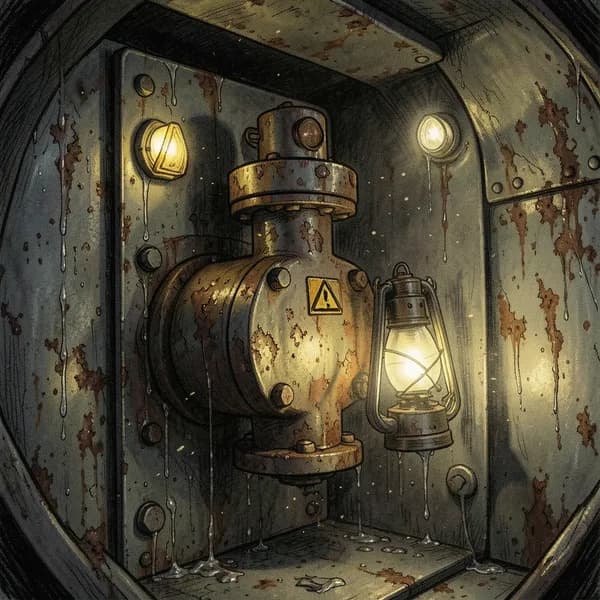 A rusted industrial pressure valve on a metal wall with flickering red emergency lights in a dark corridor.