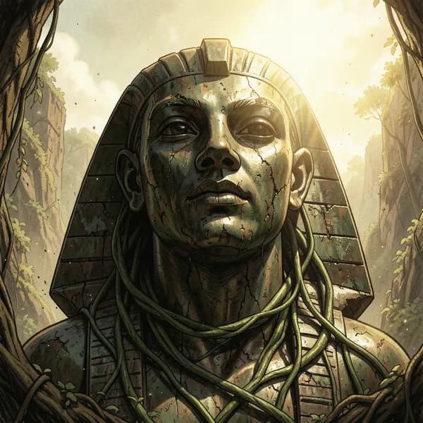 A close-up of a weathered bronze sphinx face covered in vines under intense sunlight.