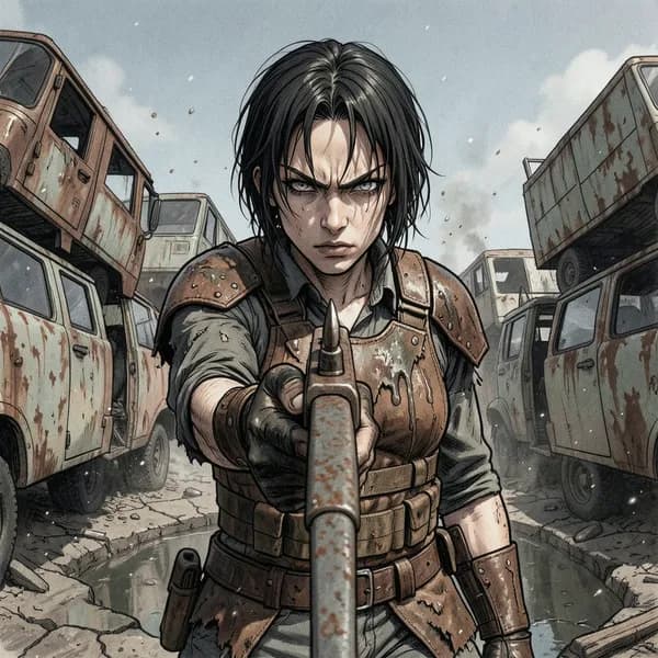 A female scavenger with a crossbow standing before a wall of rusted vehicle husks, looking menacing.