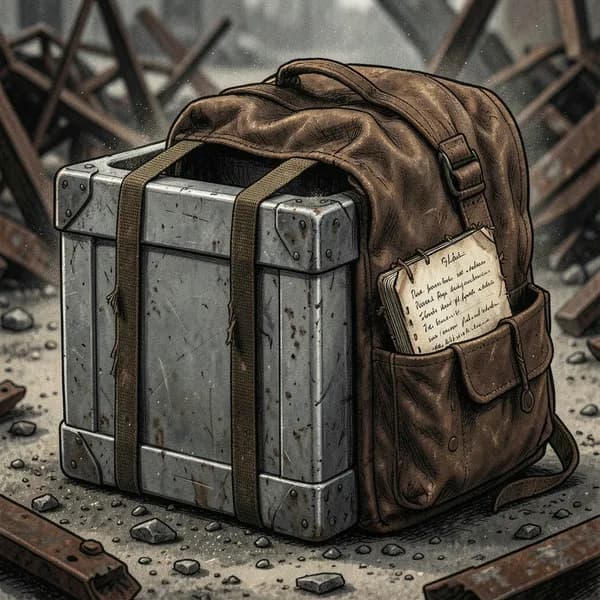 A heavy, lead-lined crate strapped to a worn leather backpack, with a hidden ledger tucked into the side.