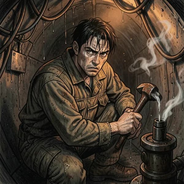 An exhausted technician in a cramped ventilation shaft holding a heavy pipe wrench, looking at a hissing valve.