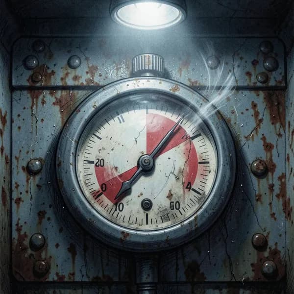 A close-up of a vibrating pressure gauge needle pinned into the red danger zone on a rusted bulkhead.