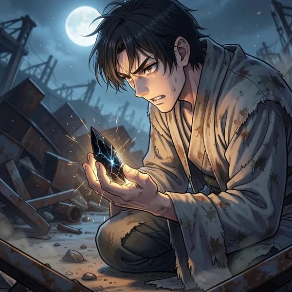 A desperate man kneeling in a scrapyard, holding a glowing obsidian shard that bites into his palm.
