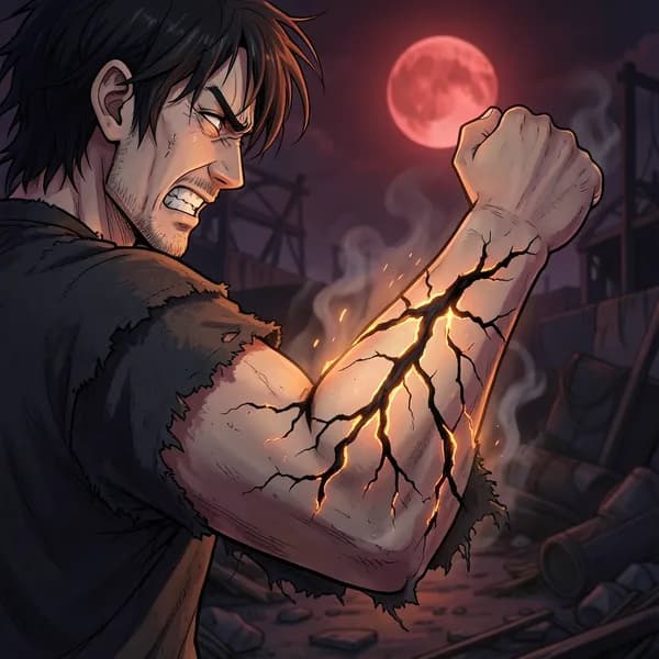 A man's arm showing black, vein-like cracks glowing with molten energy as they spread upward.