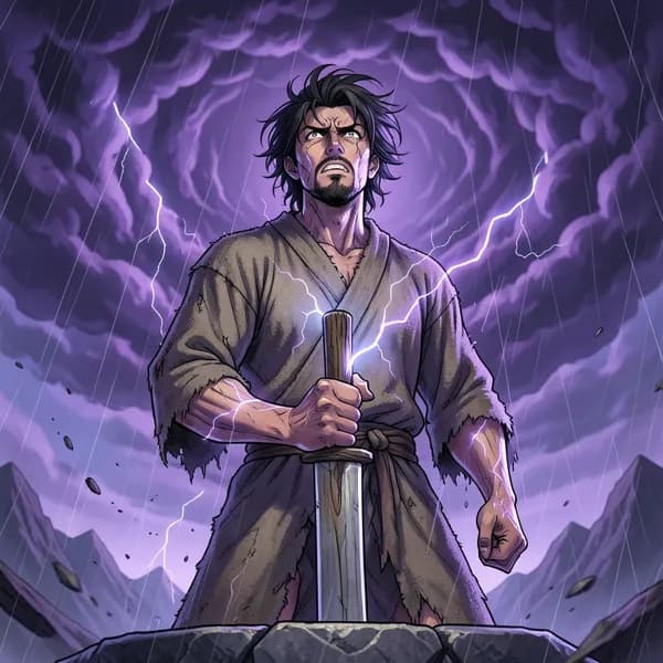 A young, determined cultivator standing on a mountain peak, bracing for a lightning strike.