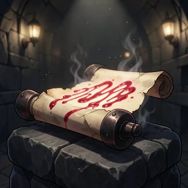 An ancient, iron-bound scroll rests on a stone pedestal, its ink glowing and shifting like liquid blood in the dim light.
