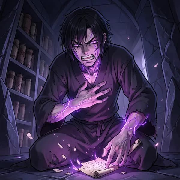 A young initiate in worn robes kneels in pain, his skin flushing with violet mana as he absorbs a forbidden technique.