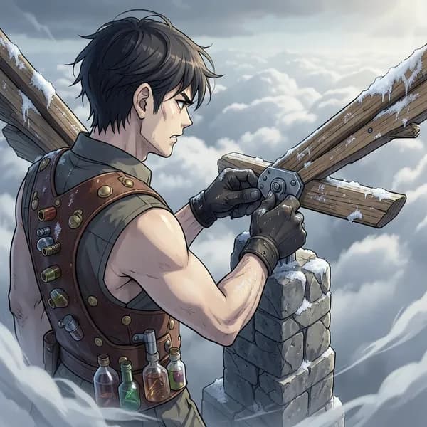 A young man with intense eyes adjusting a complex brass wing strut while standing on a high stone tower.