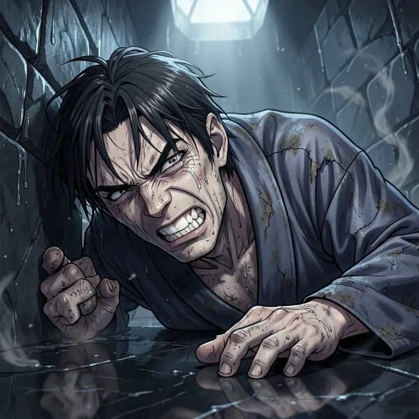 A fallen cultivator lying on a cold stone floor, hand clawing at the ground in agony.