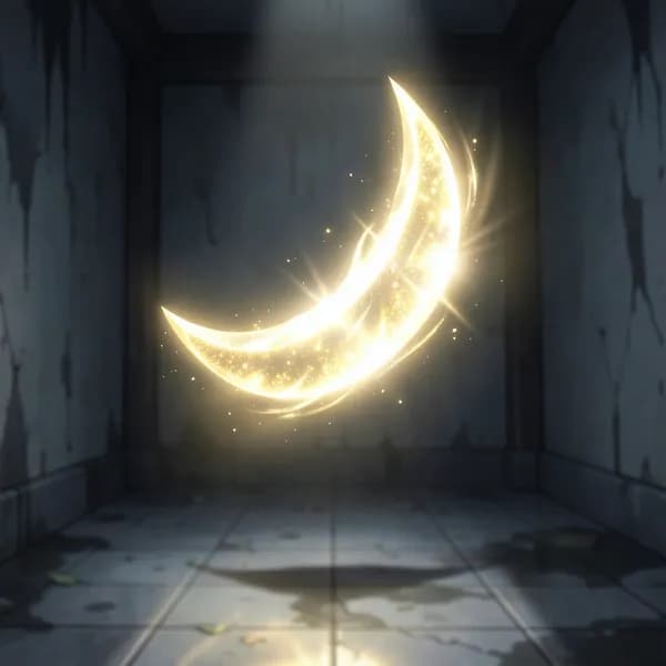 A glowing crescent blade of pure essence suspended in mid-air, frozen in time.