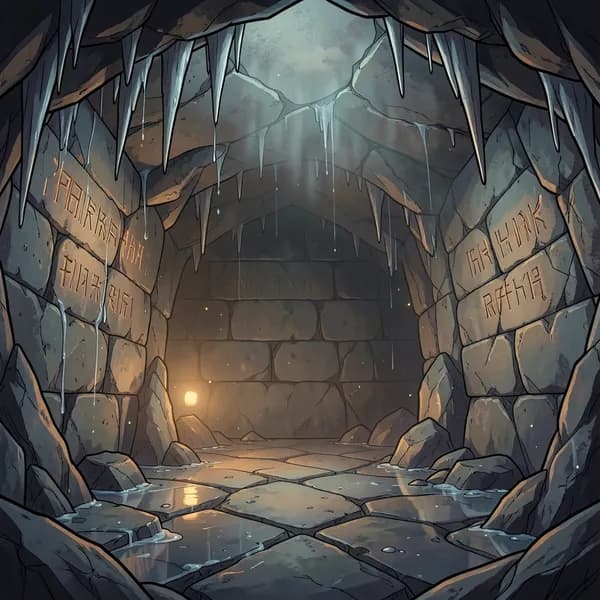 A dark, damp limestone cave interior with pulsating, ancient runic carvings on the walls.