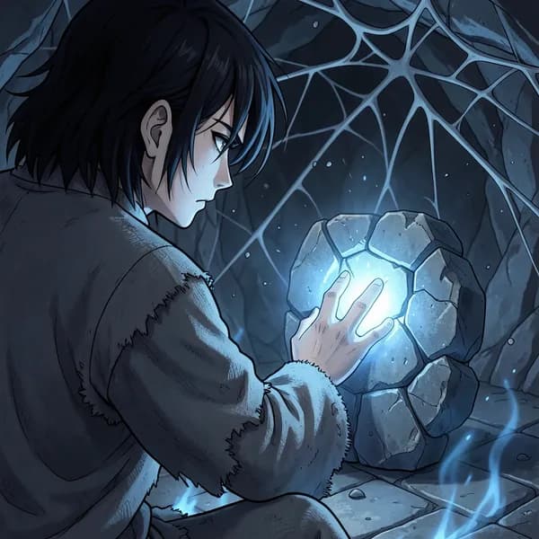 A young man with intense eyes kneeling in a cave, touching a glowing rune on the floor.