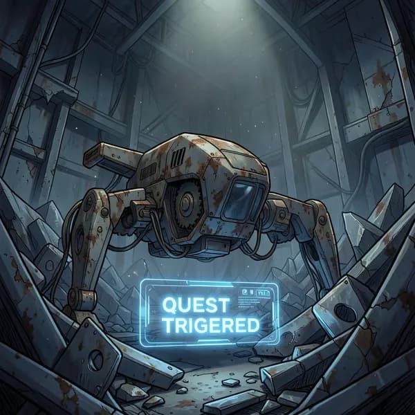 A deactivated security drone resting in a pile of scrap metal, with a glowing digital quest interface hovering in the air.