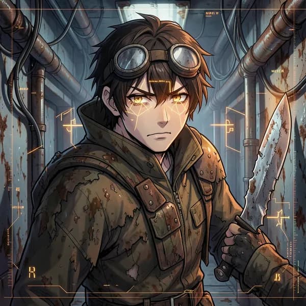 A male scavenger with a tense expression, looking at a digital interface that highlights weak points in amber.
