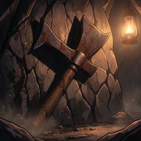 A rusted, heavy mining pickaxe leaning against a damp, dark cavern wall in a dusty, oppressive mine.