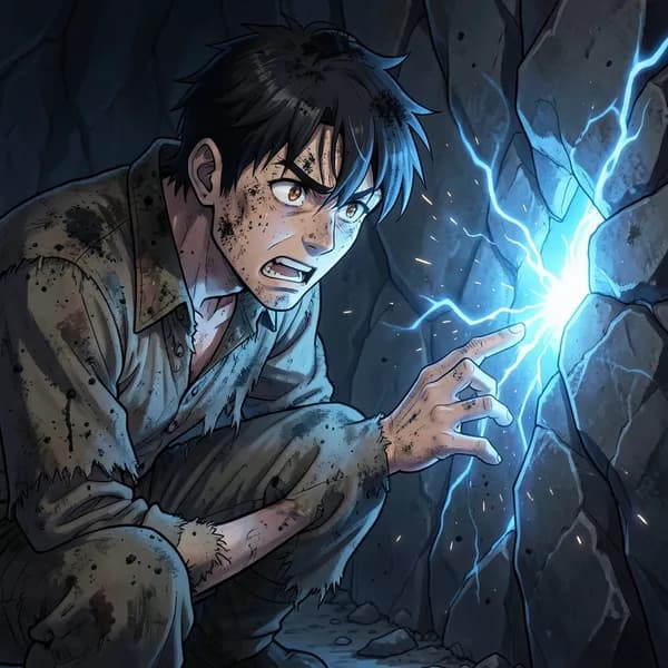 A young, exhausted laborer with soot-streaked skin stares in awe at a glowing, pulsating blue fissure in a rock wall.