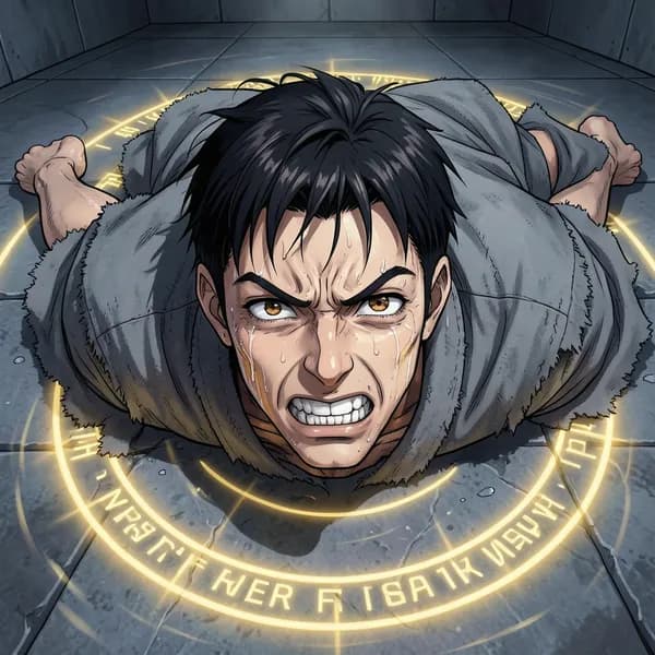 A desperate young initiate pinned to the floor by crushing gravity in a stone chamber.