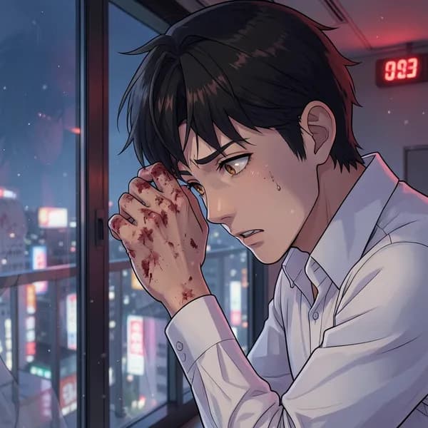 A man with bruised knuckles stares at his hands in confusion by a glass door.