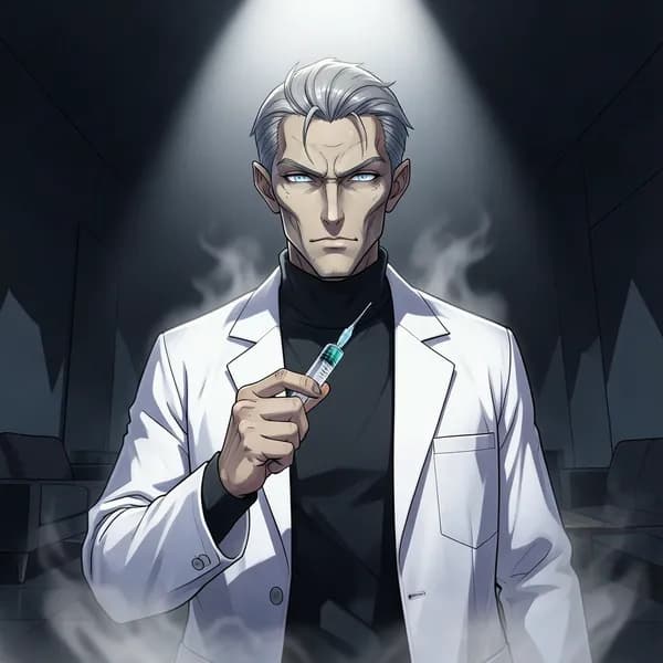 A man in a pristine white lab coat holds a syringe with clinical precision.