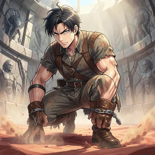 A weary, determined man in tattered cavalry clothing stands in a defiant, crouched stance on the red sand of an arena.
