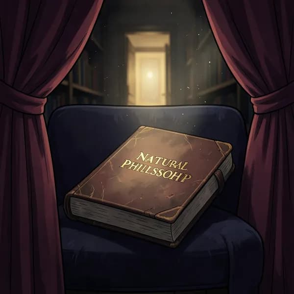 A leather-bound book on natural philosophy rests on a velvet chair behind heavy burgundy curtains in a dark library.