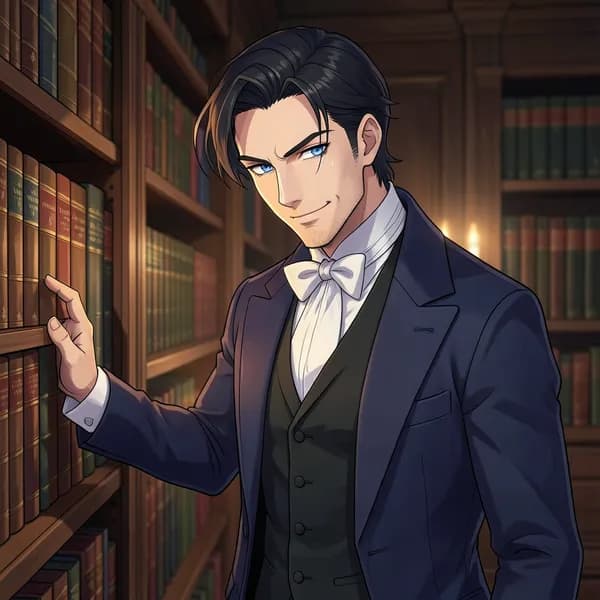 An aristocratic man in a formal Regency frock coat stands in a library, looking down with a teasing expression.