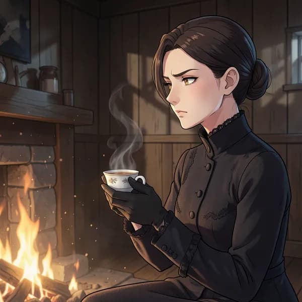 A woman in a dark traveling dress sits by a fire, clutching a teacup with gloved hands.