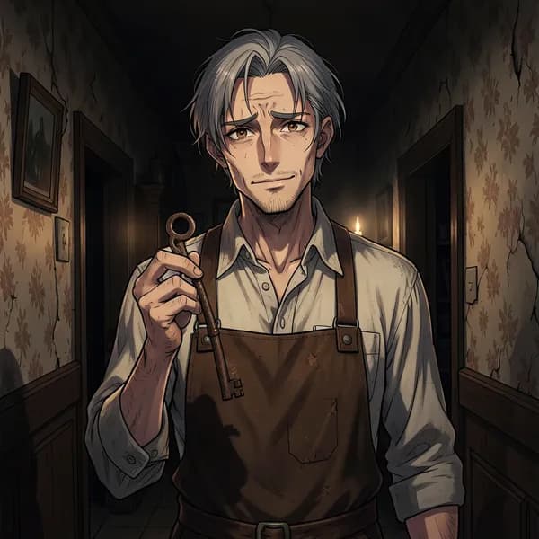 An elderly innkeeper holds a heavy iron key in his calloused hand.