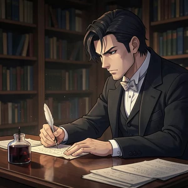 A man in a dark frock coat writing at a desk, looking intense and brooding in a library.