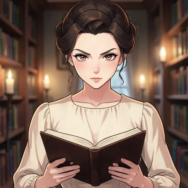 A young woman with an intelligent expression holding a book, looking up with defiance.