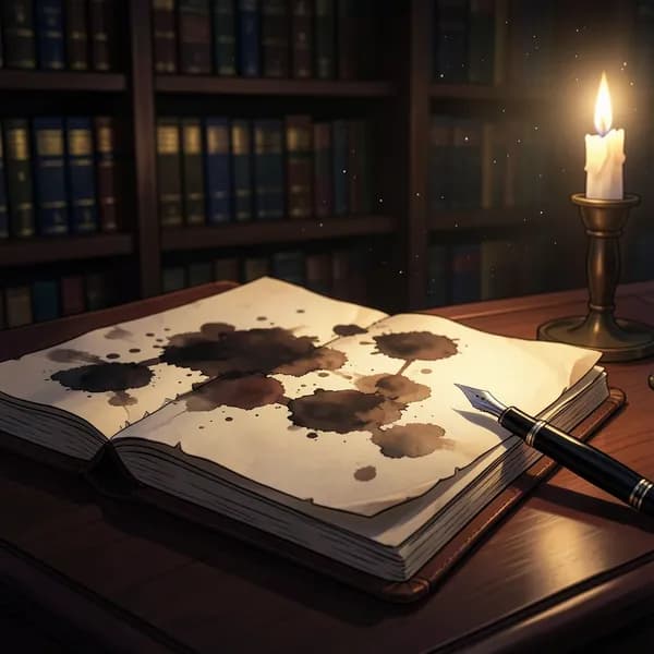 A close-up of a hand with ink-stained fingers resting on an open, handwritten ledger in a dimly lit library.