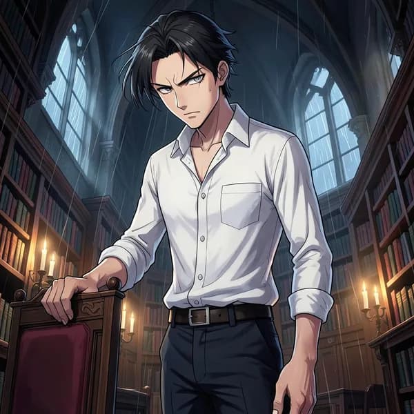 A tall, aristocratic man with an unbuttoned white shirt standing in a dimly lit library, looking down with a sharp, intense expression.