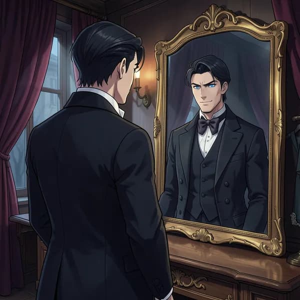 A tall, aristocratic man in a dark tailcoat looking into a gilded mirror with a calculating expression.