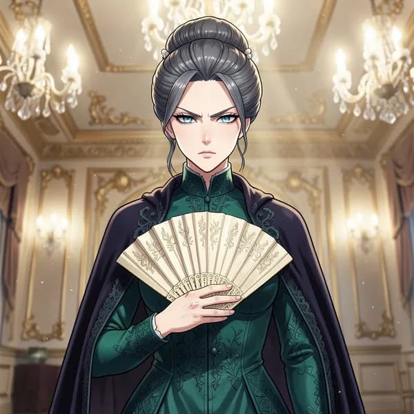 A stern, middle-aged woman in an opulent, high-collared silk gown stands in a grand ballroom, holding a closed fan like a weapon.