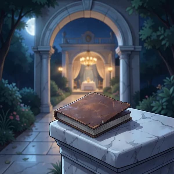 A small, worn, leather-bound notebook resting on a cold, white marble pillar near an open terrace door at night.