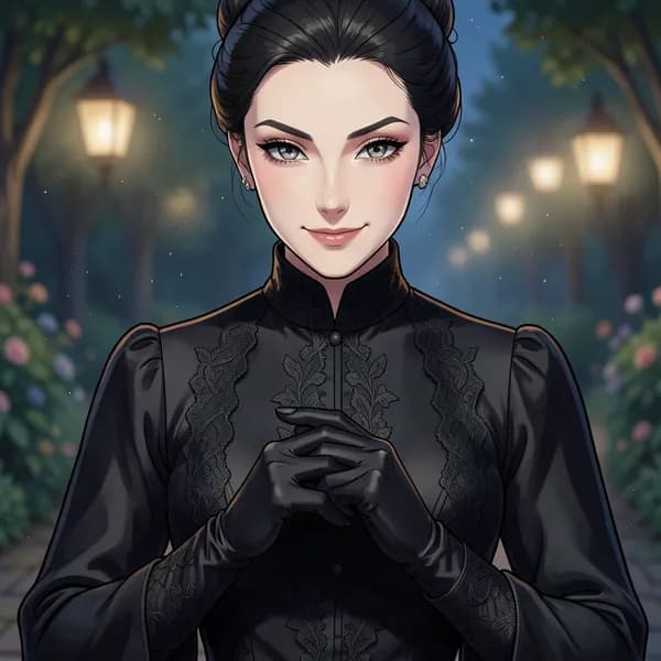 A woman in a black mourning dress adjusting her silk gloves, standing in a dimly lit garden.