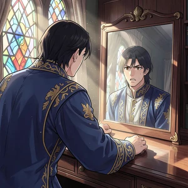 A young man in elegant advisor robes stares at his reflection in a polished mahogany desk with shock.