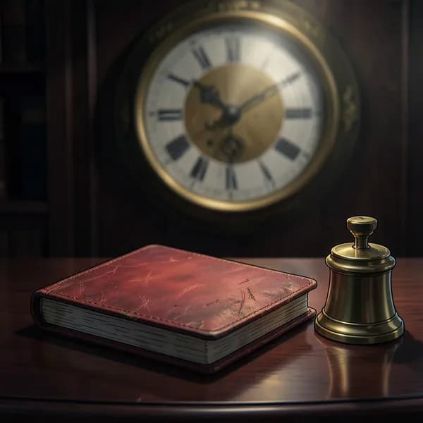 A red leather-bound ledger rests on a dark desk with a blurred clock in the background showing impossible time.
