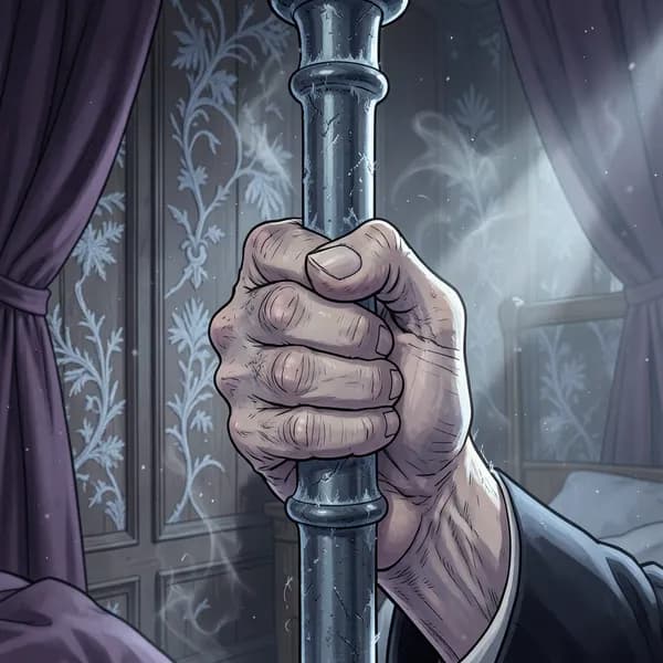 A close-up of an elderly hand gripping a freezing iron bedpost in a dark, frost-covered room.