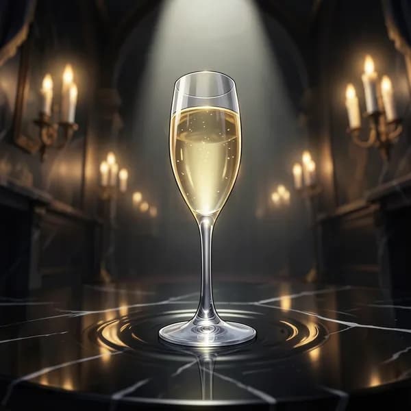 A crystal flute of champagne vibrating on a dark obsidian table, reflecting candlelight.