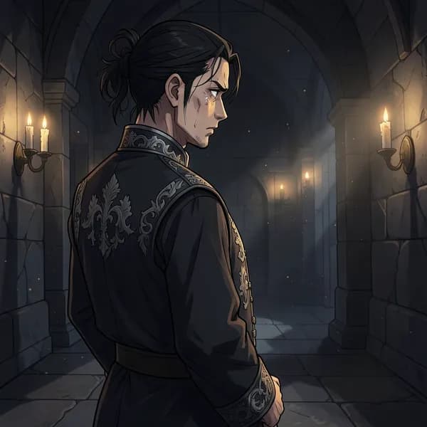 A weary imperial strategist standing in the shadows of a grand hall.