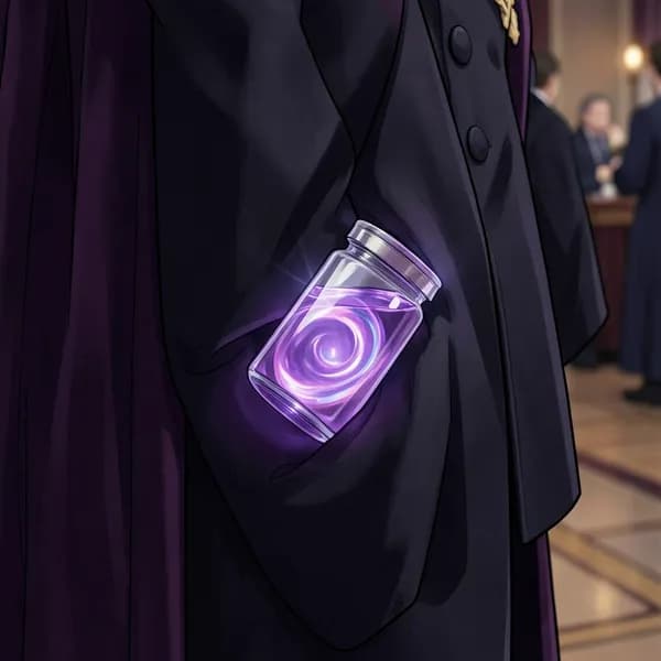 A small, crystalline glass vial containing a swirling, iridescent violet liquid, hidden within a dark silk sleeve.