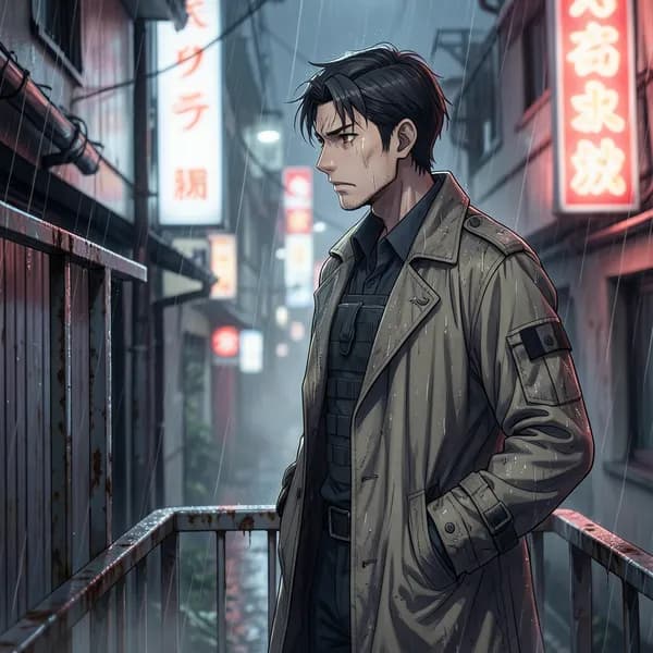 A weary mercenary stands on a rusted fire escape in the rain, looking out over a neon-lit city.