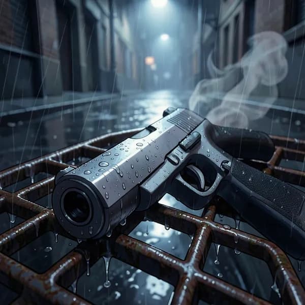A close-up of a high-caliber pistol resting on a wet, rusted iron grate in the rain.