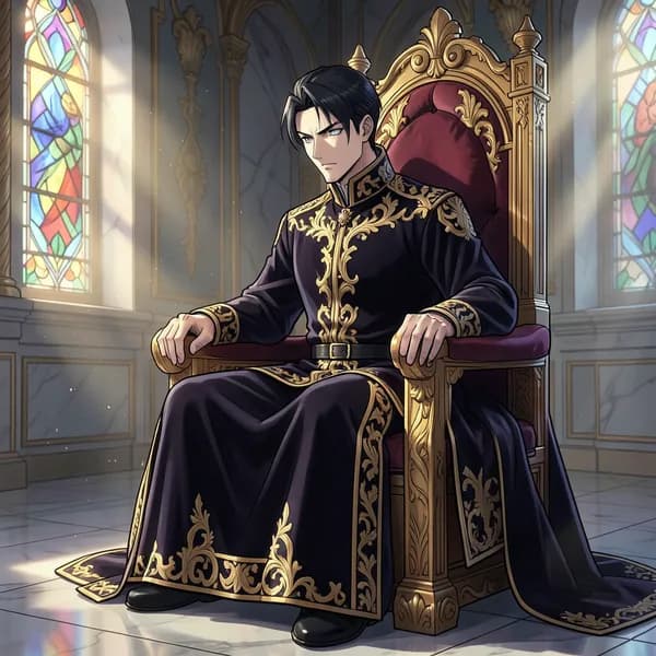 A regal monarch with a sharp, cold expression sitting on a throne, looking down at the floor with intense focus.