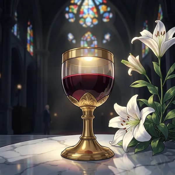 A close-up of a golden chalice filled with dark wine, sitting on a marble table next to fresh white lilies.
