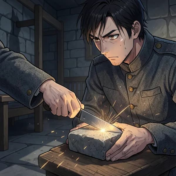 A young man's hands sharpening a sword on a whetstone in a dim barracks.