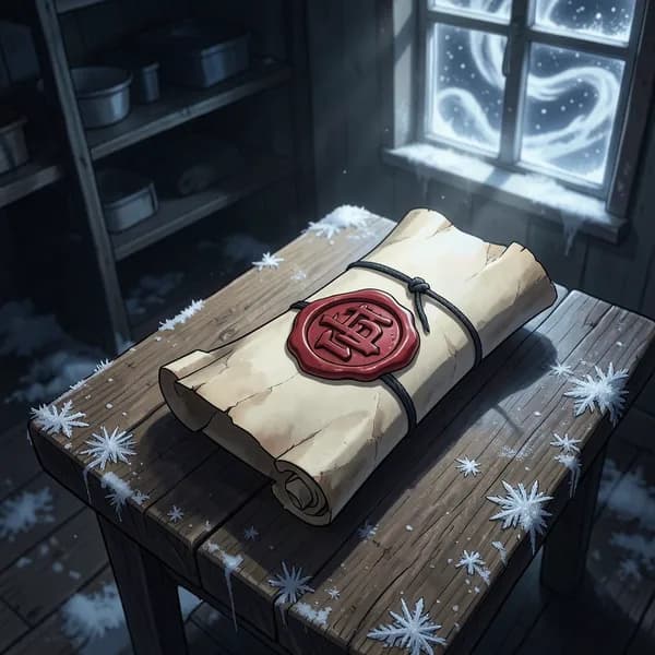 A wax-sealed scroll with an imperial signet resting on a wooden table.