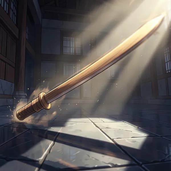 A wooden training sword blurred in motion, cutting through thick, swirling dust motes in a sunlit courtyard.